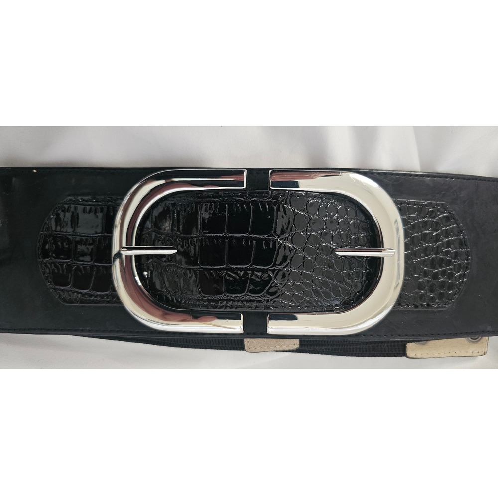 White House Black Market Small Wide Elastic Waist Cinch Belt‎ Silver Buckle